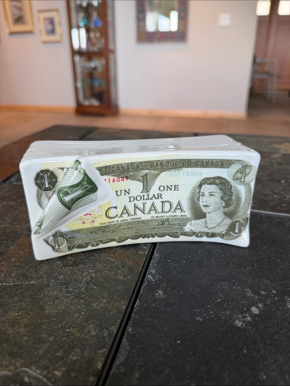Vintage White Ceramic Coin Bank with Canadian One Dollar Design - Green